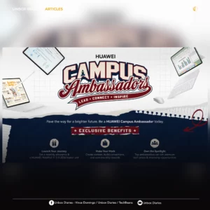 A promotional banner for the "HUAWEI Campus Ambassadors" program. The center features large, vintage collegiate-style typography reading "CAMPUS Ambassadors" with the sub-headline "LEAD • CONNECT • INSPIRE." Several HUAWEI MatePad tablets, a wireless keyboard, a mouse, and a stylus float around a white grid background. The bottom half has a dark blue, torn-paper texture detailing "EXCLUSIVE BENEFITS," which include a monthly allowance, a HUAWEI MatePad 11.5 S 2026 loaner unit, rewards for content creation, and internship opportunities.
