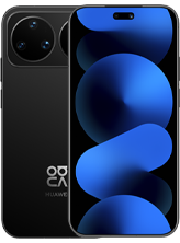 Front and back view of a matte black HUAWEI nova 16 Pro smartphone. The front display highlights a pill-shaped camera cutout at the top center, set against a deep blue abstract wallpaper with circular geometric shapes. The back panel features a solid black finish, a dual-circle layout for the rear cameras, and clean silver "nova" and "HUAWEI" logo typography at the base.