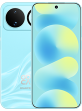 Front and back view of a light blue HUAWEI nova 16 smartphone. The front screen shows a single, centered hole-punch camera cutout and a wallpaper featuring soft, rolling abstract shapes in shades of light blue and pale yellow. The glossy light blue back panel shows a wavy texture pattern, a large circular camera island housing multiple lenses, and the "nova" branding at the bottom.