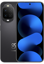Front and back view of a dark gray/black HUAWEI nova 16z smartphone. The front display features a centered hole-punch camera cutout displaying a dark blue geometric wallpaper with spherical, layered light patterns. The textured matte-black back panel showcases a distinct rounded-rectangular camera module housing four lenses arranged in a grid, accompanied by an LED flash and the "nova" branding below.