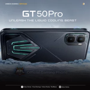 Close-up promotional graphic focusing on the back design of the Infinix GT 50 Pro, resting horizontally on a cracked, icy landscape with frost and mist. The text above reads "GT 50 Pro UNLEASH THE LIQUID COOLING BEAST" with the MediaTek Dimensity 8400 Ultimate logo in the top right corner and the Mobile Legends Professional League (MPL) logo at the bottom alongside the text "Official Gaming Phone". Subtle electric arcs are visible near the top corners of the phone chassis.
