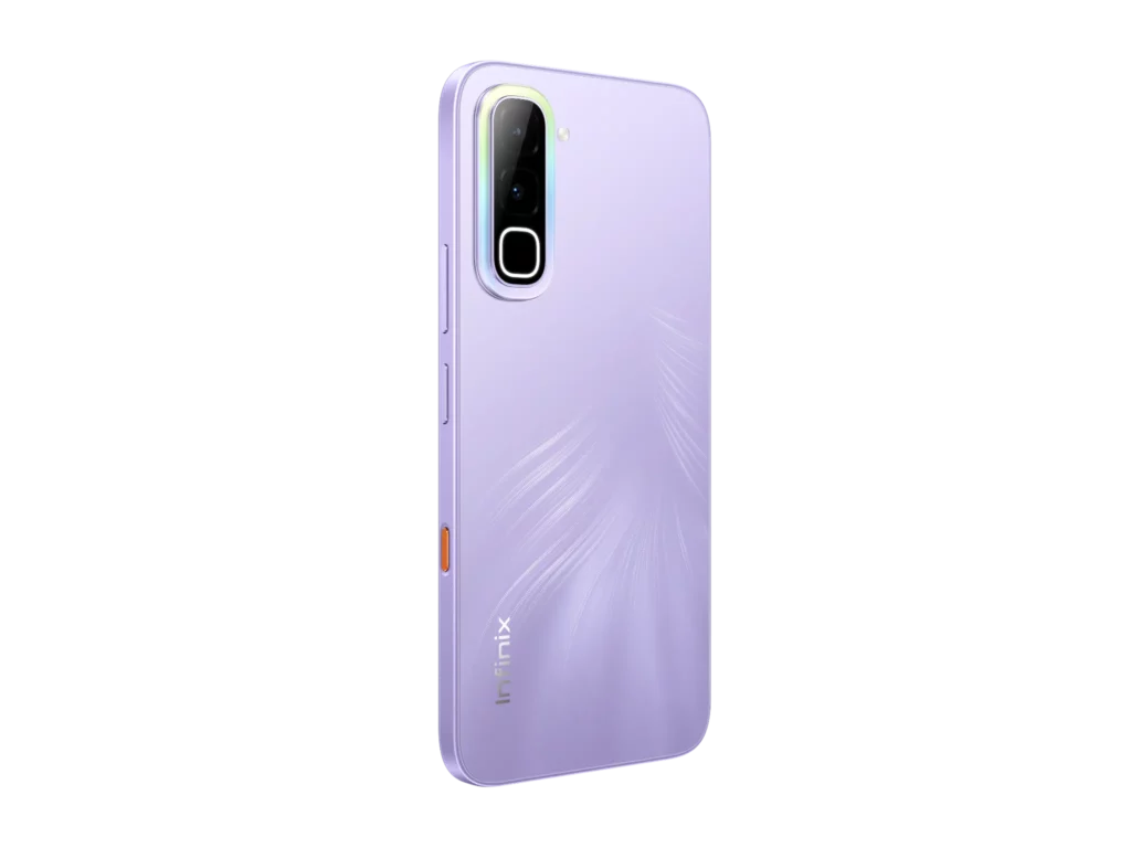 A clean studio shot of the back of the Infinix HOT 70 smartphone in the Quiet Violet colorway. The light purple back panel features a pearl-smooth finish embellished with a subtle, dynamic light-flow texture resembling fine, radiant feathers or flames on the lower right side. On the top left, a sleek, vertically aligned capsule-shaped camera island houses the lenses, accented by a glowing tinted ring. A distinct orange accent button is visible on its slim side profile.