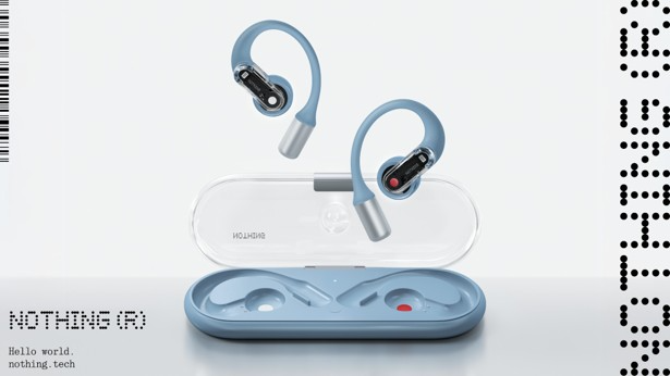 Product promotional image showcasing the light blue Nothing Ear (open) earbuds against a clean, light gray background. The two open-ear style earbuds with curved blue ear hooks and transparent audio modules float dynamically above their open oblong charging case, which has a transparent lid and a matching blue base. Dot-matrix style text reading "NOTHING (R)" is visible in the bottom-left and running vertically down the right side.