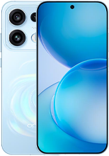 Product illustration of the OPPO Reno16 Pro smartphone highlighting its design. The back is a pastel sky blue with a textured, circular ripple effect radiating outward, equipped with a square triple-camera system. The front panel features a bezel-less display showcasing a vibrant teal and blue abstract bubble wallpaper.