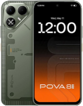 Front and back views of the TECNO POVA 8 smartphone in Echo Green. The back panel features a futuristic, cyber-themed design with geometric plating patterns, a circular "POVA" emblem at the bottom left, and a unique triangular camera module enclosing two large lenses and an "X"-shaped Alive Matrix dot-LED display. The front view showcases a flat display with slim bezels, a center punch-hole camera, and a lock screen displaying a large digital clock reading "12:00" against a black and orange gradient background.