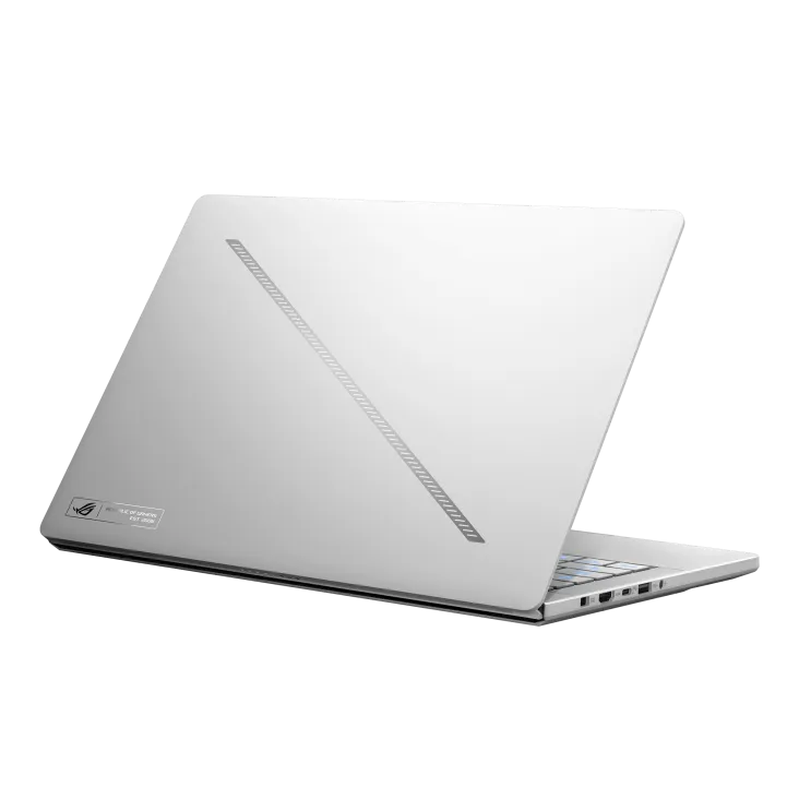 A rear-angle studio shot of a sleek, platinum white ASUS ROG Zephyrus G14 laptop against a white background, showcasing its clean design, a prominent diagonal Slash Lighting strip on the lid, and side connectivity ports.