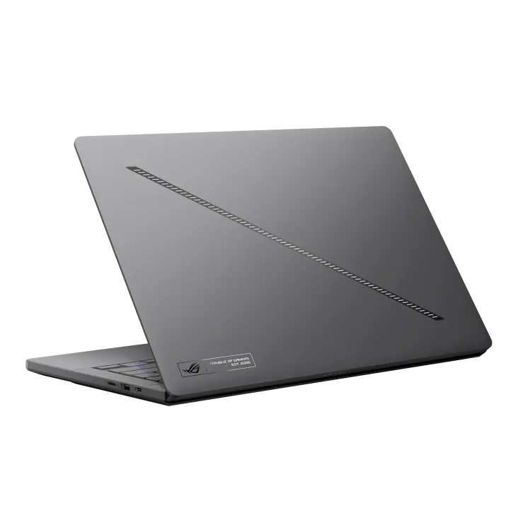 A rear-angle studio shot of an eclipse gray ASUS ROG Zephyrus G16 laptop against a white background, showing its metallic lid with a diagonal Slash Lighting strip and a small engraved ROG badge in the corner.
