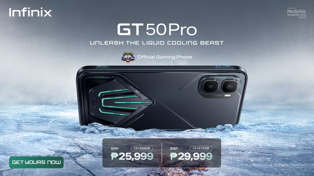 A dramatic sci-fi teaser image by Infinix. A large, cybernetic eye with glowing green mechanical iris details is framed by a heavily frozen, icy eyelid structure with hanging green-lit icicles. The surrounding background contrasts sharply, showing volcanic lava flows and cosmic dust. At the bottom, white text announces the "GT 50 Pro" with the tagline "THE BEAST IS COMING" and the date "JUNE 10, 2026."
