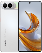 Product shot of the nubia Air Pro smartphone. The back panel is a matte white color with vertical "nubia" branding and an elongated pill-shaped dual-camera island at the top. The front showcases a bezel-less display featuring a small punch-hole selfie camera and a vibrant, swirling gold-and-silver fluid abstract wallpaper.