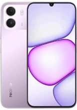 Front and back view of a light purple realme P4 Lite smartphone. The back features a matte lavender finish with a vertical dual-camera setup and a small LED flash in the top left corner, alongside a subtle realme logo at the bottom. The front display features thin bezels, a waterdrop notch for the selfie camera, and a wallpaper with soft, abstract shapes in shades of purple and white.