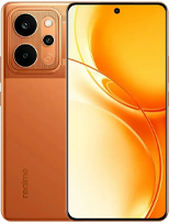 Front and back view of a copper-orange realme P4 Power 1 smartphone. The back panel has a dual-texture design, featuring a metallic bronze camera square housing two large circular lenses, a smaller sensor, and an LED flash, set against a matte orange body with a vertical realme logo. The front display showcases a punch-hole camera cutout centered at the top and a vibrant, flowing abstract wallpaper in shades of yellow and orange.