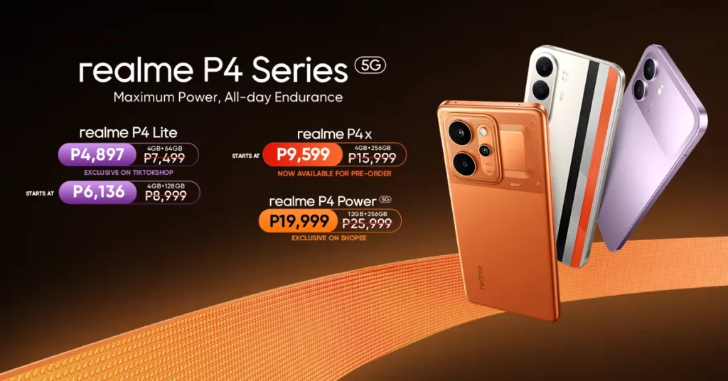 Promotional graphic for the realme P4 Series 5G with the tagline "Maximum Power, All-day Endurance." On the right, three smartphones are showcased: the orange realme P4 Power 5G with a large camera module, a white realme P4x with vertical black and orange racing stripes, and a lavender-purple realme P4 Lite. On the left, promotional prices are listed with original prices crossed out: P4 Lite (4GB+64GB) for PHP 4,897 on TikTok Shop, P4 Lite (4GB+128GB) for PHP 6,136, P4x (4GB+256GB) for PHP 9,599, and P4 Power 5G (12GB+256GB) for PHP 19,999 exclusive to Shopee.
