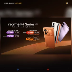 Screenshot from Unbox Diaries featuring a realme P4 Series 5G promotional banner with the tagline "Maximum Power, All-day Endurance." Three smartphones are shown standing on an orange textured ribbon: an orange model, a white model with black and red racing stripes, and a light purple model. Text lists promotional pricing: realme P4 Lite 4GB+64GB at PHP 4,897 (exclusive to TikTok Shop), 4GB+128GB starting at PHP 6,136; realme P4x 4GB+256GB starting at PHP 9,599 (now available for pre-order); and realme P4 Power 5G 12GB+256GB at PHP 19,999 (exclusive to Shopee). Social media links for Unbox Diaries and TechBeans are at the bottom.