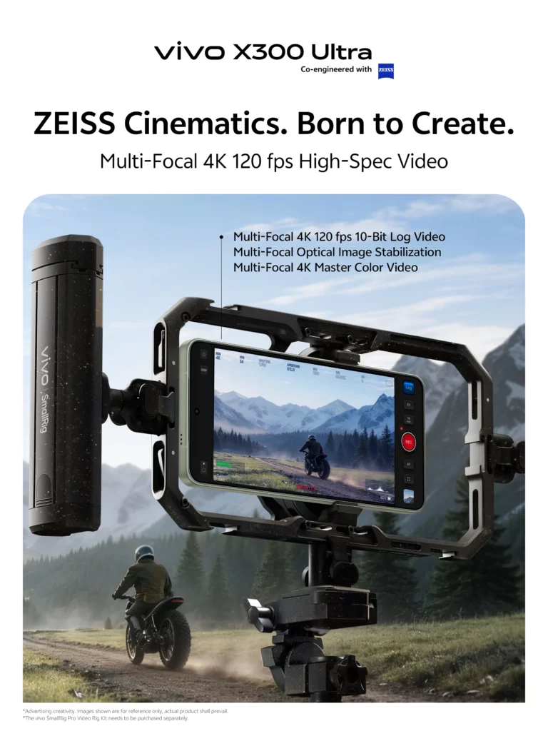 A promotional poster for the vivo X300 Ultra co-engineered with ZEISS. The text at the top reads "ZEISS Cinematics. Born to Create. Multi-Focal 4K 120 fps High-Spec Video." Below, a smartphone is mounted in a "vivo | SmallRig" video rig on a tripod, showing a live camera interface recording a motorcyclist in a mountainous landscape. Text highlights list "Multi-Focal 4K 120 fps 10-Bit Log Video," "Multi-Focal Optical Image Stabilization," and "Multi-Focal 4K Master Color Video."