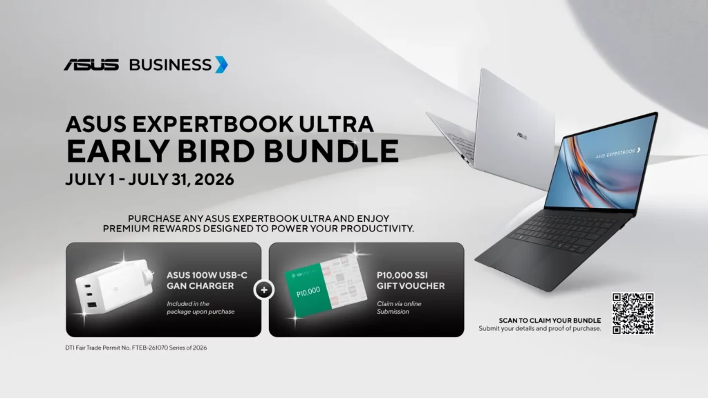 Promotional graphic for the "ASUS ExpertBook Ultra Early Bird Bundle (July 1 - July 31, 2026)" displaying the laptop alongside bonus gifts: a white ASUS 100W USB-C GaN Charger, a P10,000 SSI Gift Voucher, and a QR code to claim the bundle.