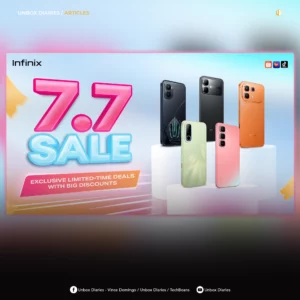 Promotional banner by Unbox Diaries featuring the Infinix 7.7 Sale with the text "Exclusive limited-time deals with big discounts." Five Infinix smartphones in black, light green, pink, and bright orange are displayed on white pedestals against a light blue background. Shopee, Lazada, and TikTok Shop logos are visible in the top right corner.