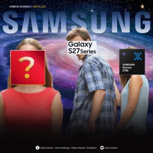 A tech meme based on the "Distracted Boyfriend" template against a starry cosmic background. A man labeled "Galaxy S27 Series" turns to look admiringly at a woman in a red dress whose face is obscured by a large red square with a yellow question mark. Meanwhile, the woman next to him, representing his partner, is labeled with a "Samsung Exynos 2700" processor badge and looks on with a slight, obscured expression.
