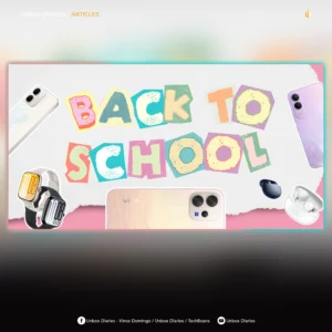A web article header image featuring the "BACK TO SCHOOL" collage banner of vivo devices centered on a torn white paper graphic with a pink border. The header is framed within a dark grey background interface showing "UNBOX DIARIES / ARTICLES" at the top left and social media links for Unbox Diaries and TechBeans at the bottom.