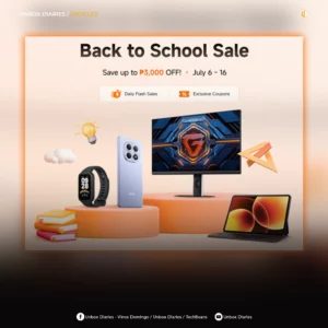 Promotional banner by Unbox Diaries for the "Back to School Sale" running from July 6 to 16, offering up to ₱3,000 off. The image showcases various tech products displayed on orange cylindrical pedestals, including a Xiaomi smart band, a light blue smartphone, a desktop gaming monitor, and a tablet with a keyboard case. Decorative school elements like a lightbulb, a cloud, a stack of books, and a ruler float around the products.
