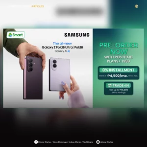 A promotional graphic from Unbox Diaries featuring pre-order offers for the Samsung Galaxy Z Fold8 Ultra and Fold8 with Smart Postpaid Plans. On the left, two hands hold dark purple and light lavender foldable phones. On the right, green promotional text highlights "Pre-order Now with Postpaid Plans+ 1999," 0% installment starting at ₱4,500/month for 24 months, and up to ₱14,000 extra savings on trade-ins.