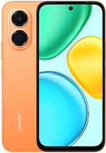 Product shot of the HONOR X7e smartphone showcasing its bright peach-orange back panel and front display. The screen has a symmetrical bezel with a top-center hole-punch selfie camera and displays a bright wallpaper with floating green, yellow, and blue fluid shapes. The rear side features a vertically stacked dual-camera setup inside a raised pill-shaped housing, with the "HONOR" logo printed vertically at the bottom.