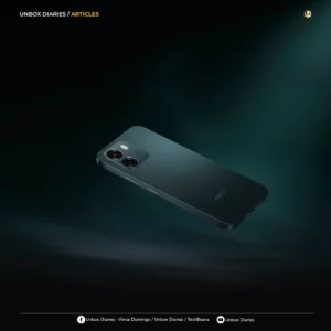 A promotional square graphic featuring the dark green OPPO A6s 5G smartphone floating at an angle in a spotlight beam against a dark teal background. The top left features the text "UNBOX DIARIES / ARTICLES" in white and gold lettering, with a geometric logo on the top right. The bottom of the image has a thin white horizontal line separating the visual from Facebook and YouTube social media handles for "Unbox Diaries".