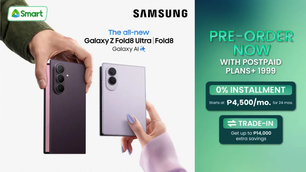 A Smart Communications promotional banner for the "all-new Galaxy Z Fold8 Ultra | Fold8 Galaxy AI." A hand on the left holds a dark purple Samsung foldable phone with a vertical triple-camera array, while another hand holds a light lavender phone showing a dual-camera setup. The right side features a green gradient background with pre-order details, including 0% installment rates starting at ₱4,500 per month and trade-in savings of up to ₱14,000.