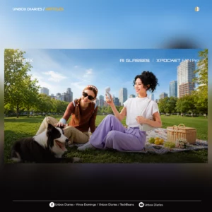 A social media article thumbnail featuring the park picnic scene with two women and a dog, framed by a dark, blurred top and bottom border. The top left corner reads "UNBOX DIARIES / ARTICLES", and the bottom black bar displays social media icons and handles for Unbox Diaries and TechBeans.