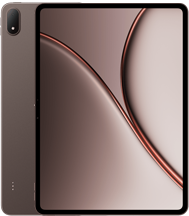 A product shot of the OnePlus Pad 4 tablet in a dark bronze or brown finish. The front view showcases a large display with an abstract wallpaper featuring sweeping metallic-bronze curves and thin black bezels. On the left, a portion of the rear chassis shows a smooth matte finish, a pill-shaped camera lens in the top corner, and pogo pin connectors near the bottom edge.