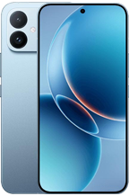 A promotional product shot showing the front and back view of the light blue Redmi K90 Ultra smartphone. The flat display on the right features minimal bezels, a centered hole-punch front camera, and a dark blue abstract wallpaper with metallic rings. The back panel on the left displays a dual-camera system enclosed in a circular housing on a clean, light blue chassis.