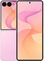 Front and cover view of the pink Samsung Galaxy Z Flip8 foldable phone. The cover screen on the back shows a dual-camera setup alongside a pink graphic wallpaper, while the unfolded main inner screen displays a smooth pink and orange abstract gradient design.