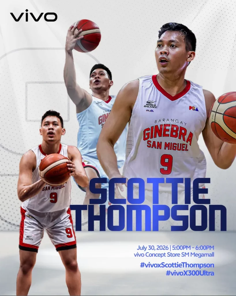 A vertical promotional banner from vivo showing Ginebra San Miguel player Scottie Thompson.