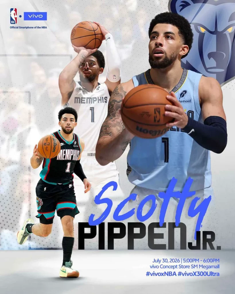A vertical promotional banner from vivo showing Memphis Grizzlies' player Scotty Pippen Jr.