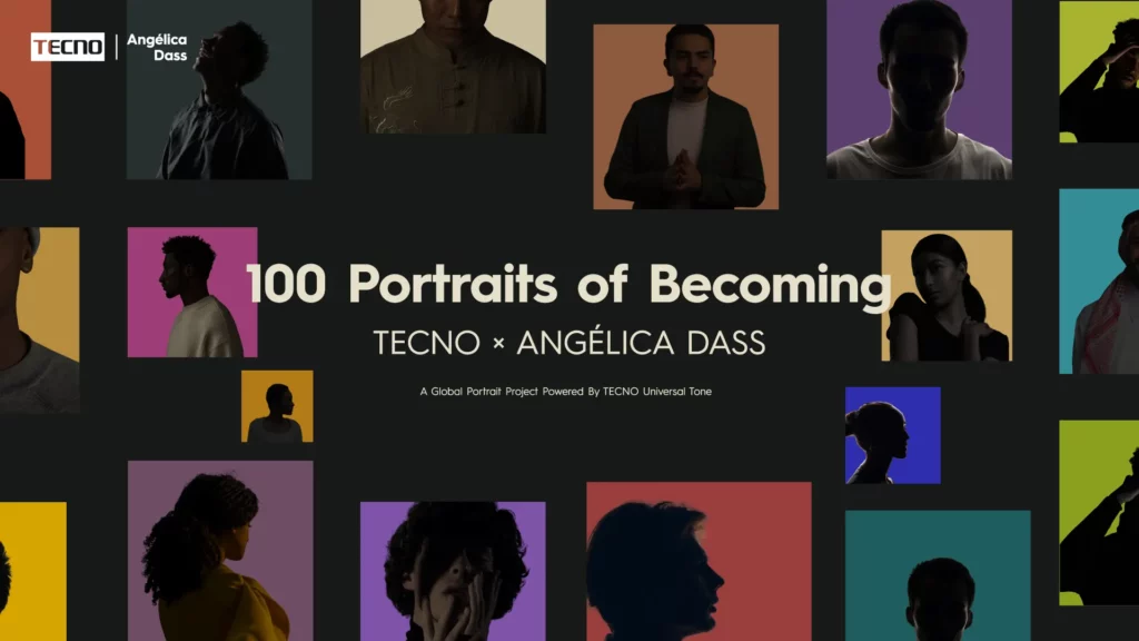 A digital collage poster featuring a dark gray background peppered with a grid of square, multi-colored blocks in shades of yellow, purple, blue, green, and red. Each colored square showcases a different artistic silhouette or brightly lit portrait of an individual representing diverse ethnicities. Large white text in the center reads "100 Portraits of Becoming" followed by "TECNO × ANGÉLICA DASS" and a smaller sub-headline reading "A Global Portrait Project Powered By TECNO Universal Tone."