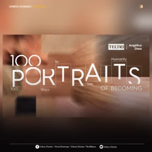 Promotional banner featuring a blurred, abstract mosaic of diverse human skin tones in the background. Prominent white text overlays the center reading "100 PORTRAITS OF BECOMING", intertwined with smaller text that reads "100 Ways to See Humanity, One Portrait at a Time." The top right corner displays the "TECNO | Angélica Dass" collaboration logo. The image is framed within an "Unbox Diaries / Articles" website layout template.