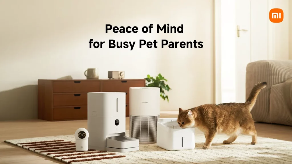 A collection of white Xiaomi smart pet products arranged on a rug in a bright living room, featuring a smart camera, pet food feeder, air purifier, and a water fountain with a ginger cat drinking from it. The text "Peace of Mind for Busy Pet Parents" is displayed at the top with the orange Xiaomi logo in the corner.