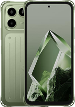 Front and back view of a rugged green itel Power 80 smartphone in a protective case, showing its triple-camera module and display screen.