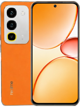 Product shot displaying the front and back of a realme NARZO 100x smartphone in bright orange. The front face features a large screen with narrow bezels and an orange abstract wallpaper. The back panel has a matte orange texture with the "realme" logo at the bottom left, and a rectangular silver camera island housing three vertically stacked lenses, with the bottom lens accented by a thin yellow ring.