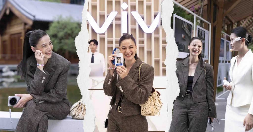 A photo collage featuring Anne Curtis in a brown tweed pantsuit during her tour of the vivo Global HQ. The image shows three panels torn vertically: on the left, she smiles while sitting outdoors holding a vivo smartphone; in the middle, she smiles while holding up her vivo visitor ID badge; on the right, she laughs alongside a tour guide wearing a white suit.