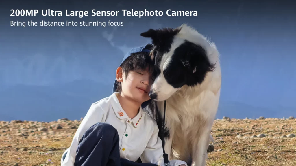 Young boy leaning affectionately against a black and white dog outdoors, featuring text that highlights the 200MP Ultra Large Sensor Telephoto Camera.