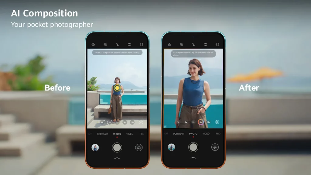 Side-by-side smartphone UI comparison demonstrating the "AI Composition" feature framing and zooming in on a model posed by a pool.