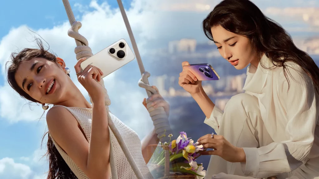 Split graphic showing two women using HUAWEI Pura 90s Series smartphones—one on a rope swing outdoors and the other sitting near fresh flowers.