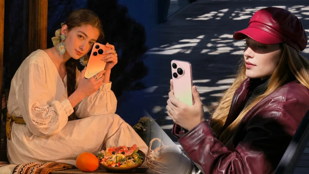 Split graphic featuring two women holding HUAWEI Pura 90s Series smartphones in stylish indoor and outdoor settings.