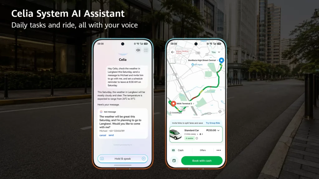 Two smartphone UI displays over a city street background, showing the Celia AI Assistant handling voice messages, weather checks, and ride booking.