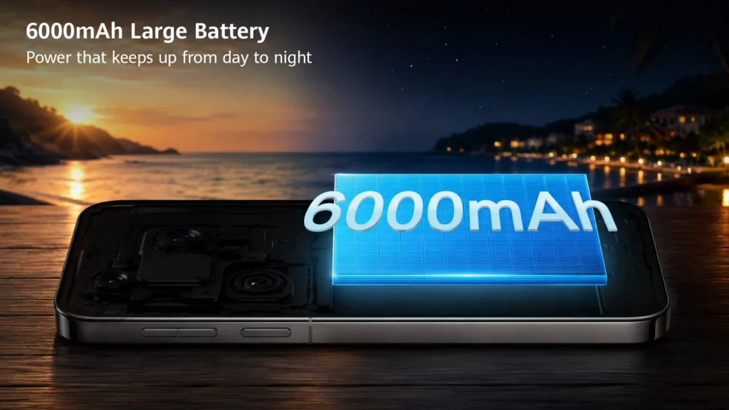 Transparent X-ray internal view of a smartphone showing a blue glowing 6000mAh battery module, set against a coastal beach sunset background.