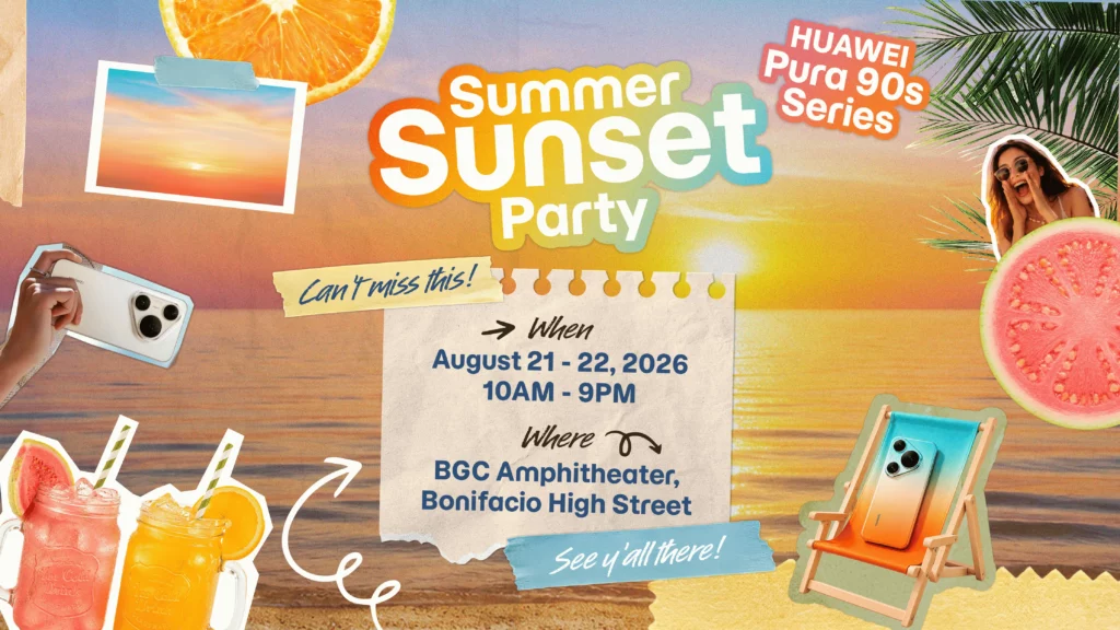 Tropical summer collage invitation for the HUAWEI Pura 90s Series Summer Sunset Party, detailing event dates, times, and location at BGC Amphitheater.