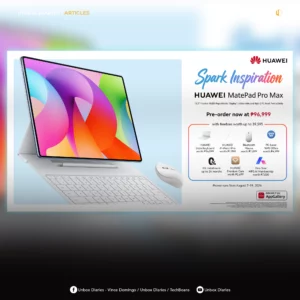 Unbox Diaries promotional banner featuring the HUAWEI MatePad Pro Max pre-order offer, showing the tablet setup alongside listed freebies including the Glide Keyboard, M-Pencil Pro, and Bluetooth Mouse.