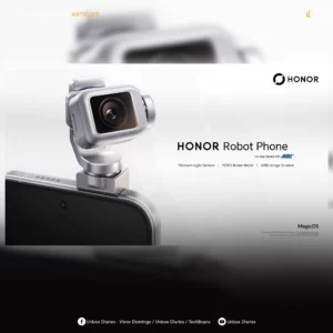 Unbox Diaries article card featuring the HONOR Robot Phone promo image, displaying a metallic motorized mechanical camera gimbal attached to the top edge of a smartphone alongside the HONOR and MagicOS logos and social media links.