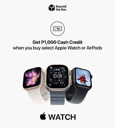Beyond the Box promotional graphic featuring three Apple Watch models side by side with text reading "Get P1,000 Cash Credit when you buy select Apple Watch or AirPods" below a discount coupon icon, with the Apple Watch logo at the bottom.