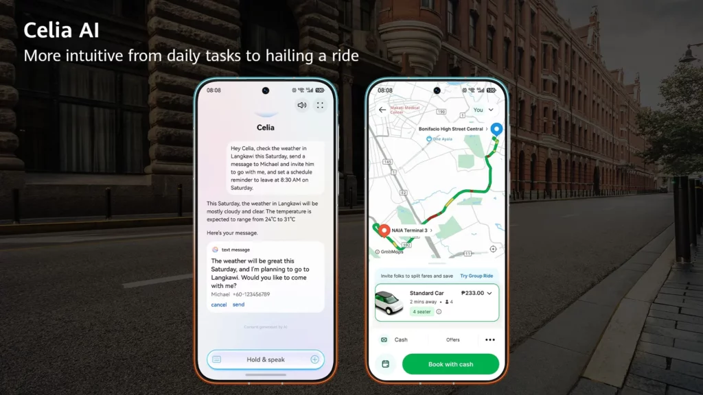 Two smartphone screens demonstrating Celia AI capabilities: the left shows a conversational chat interface handling text messaging and weather updates, and the right shows a ride-hailing map navigation screen. Text overlay reads: "Celia AI. More intuitive from daily tasks to hailing a ride."